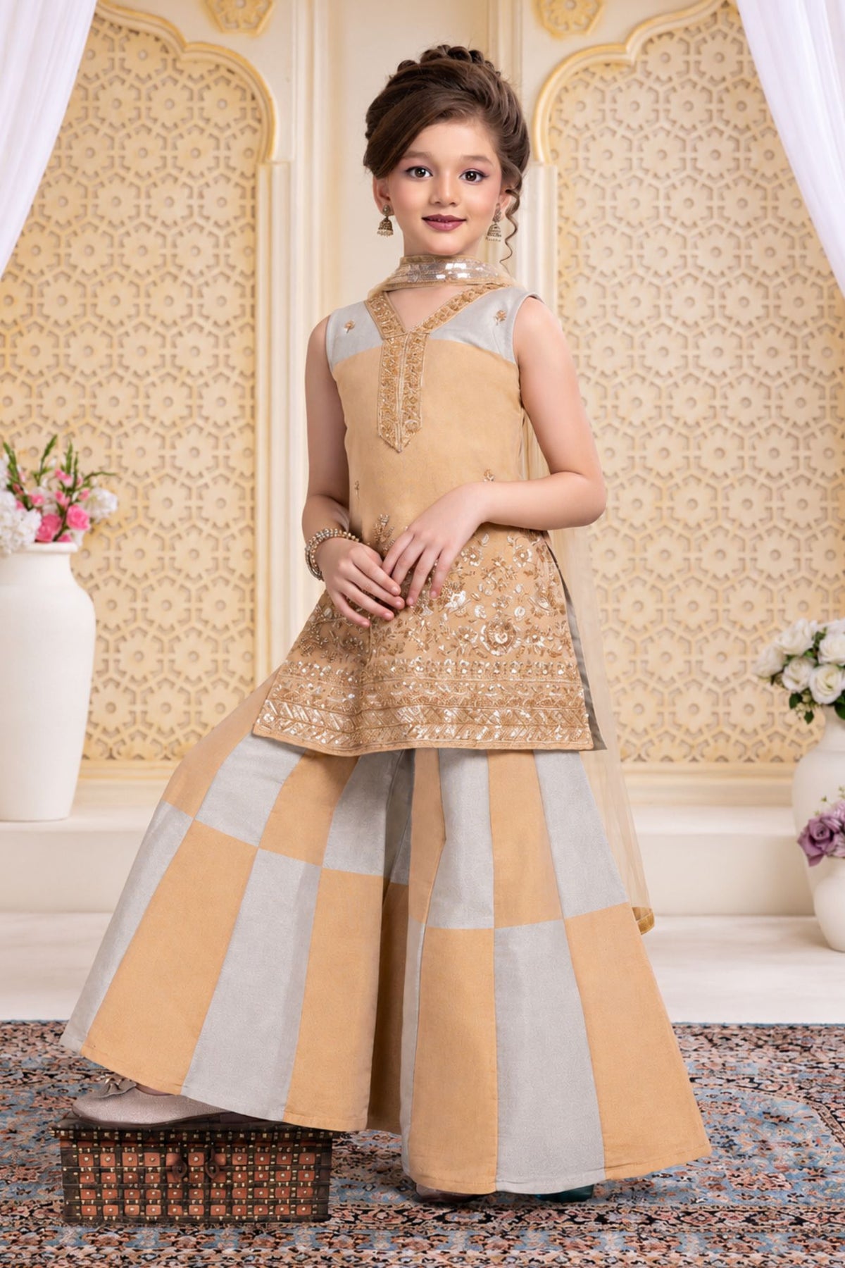 Girls Fawn & Silver With Gold Embellished Palazzo Set