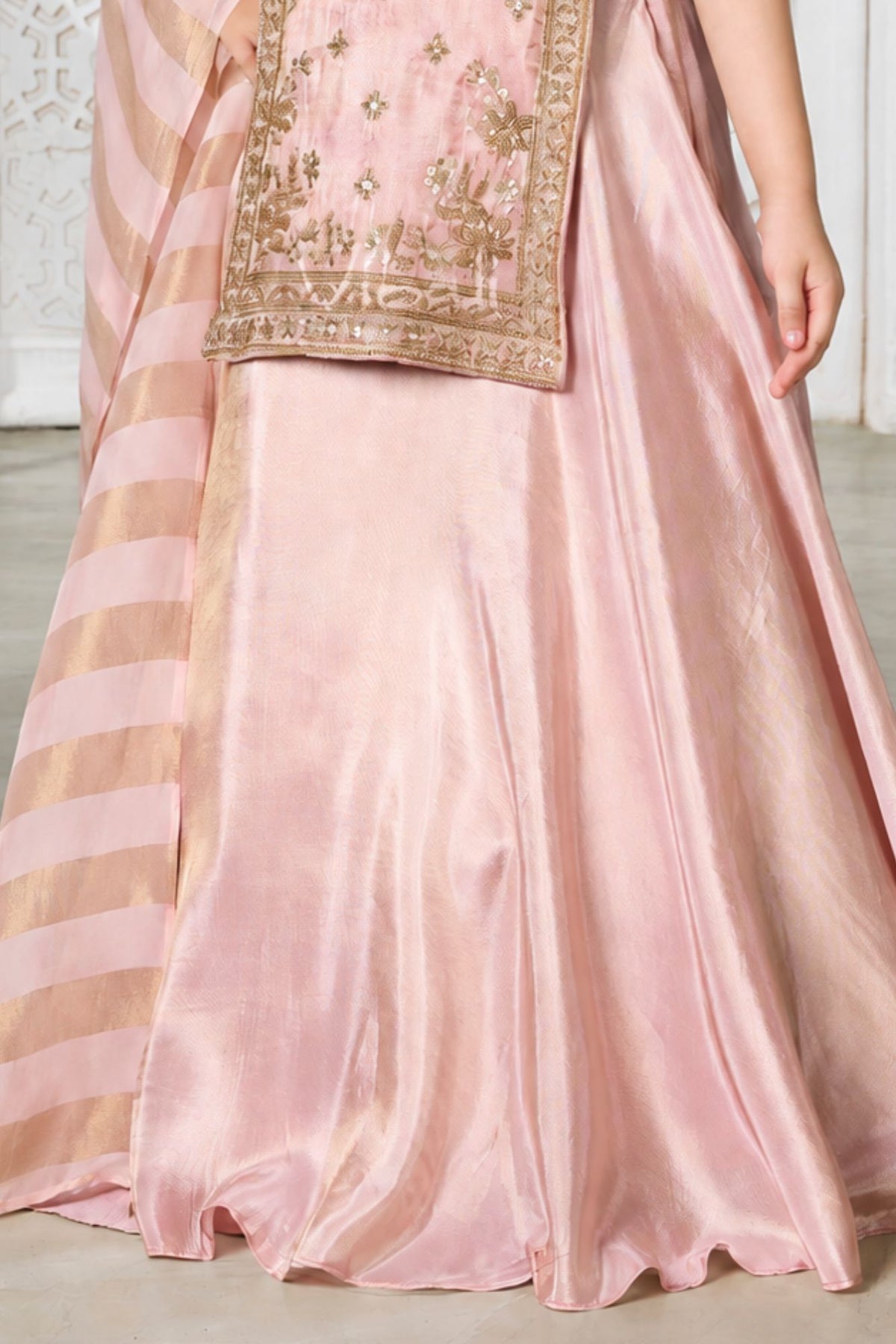 Girls Elegant Pink & Gold Embroidered Lehenga Choli Set