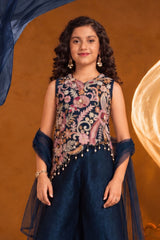 Girls Dark Blue Embroidered Asymmetric Top with Flared Palazzo And Dupatta Set