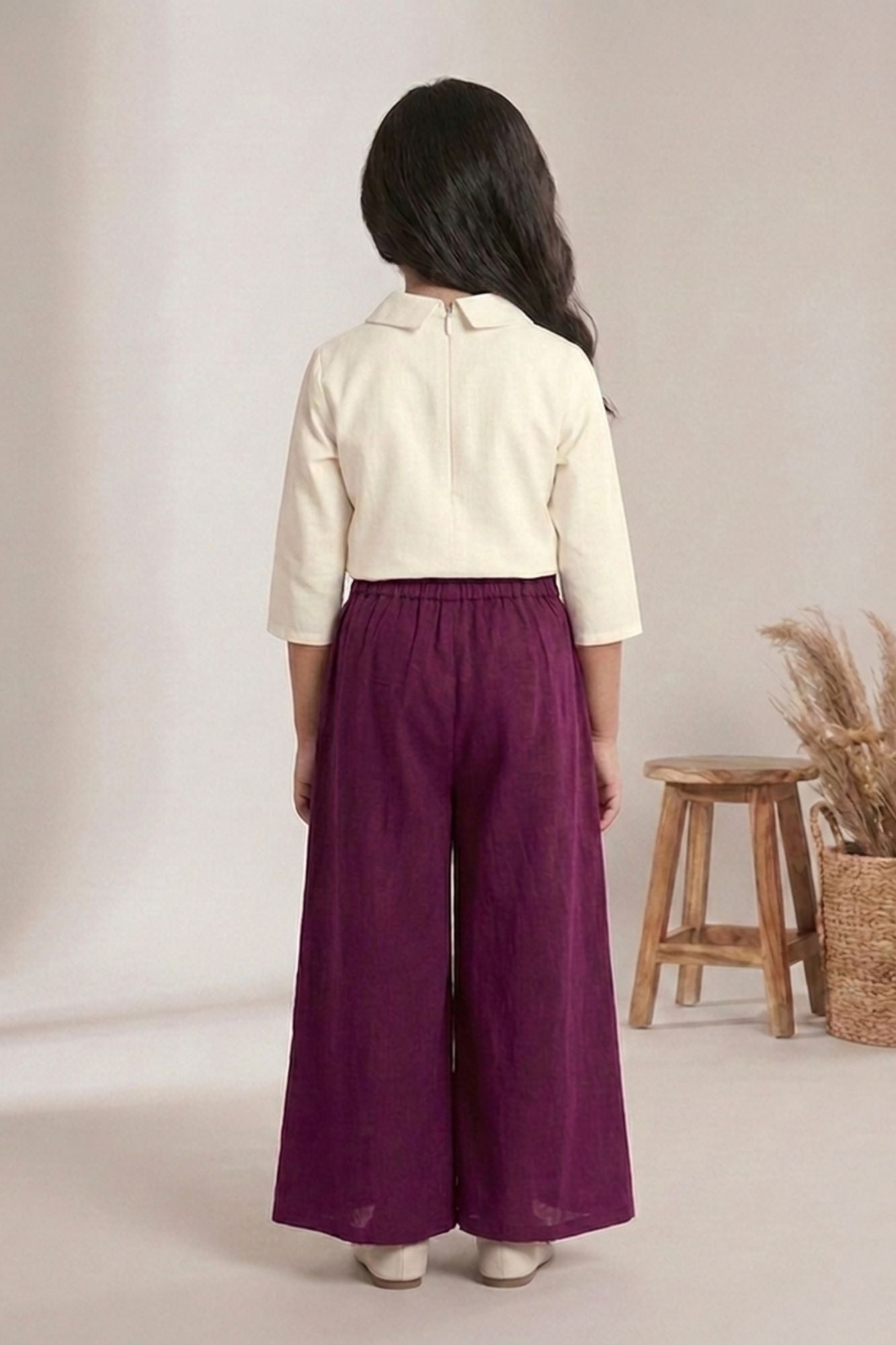 Girls White Floral Embroidered Top with Wine Pleated Palazzo Pants Set