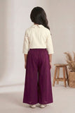 Girls White Floral Embroidered Top with Wine Pleated Palazzo Pants Set