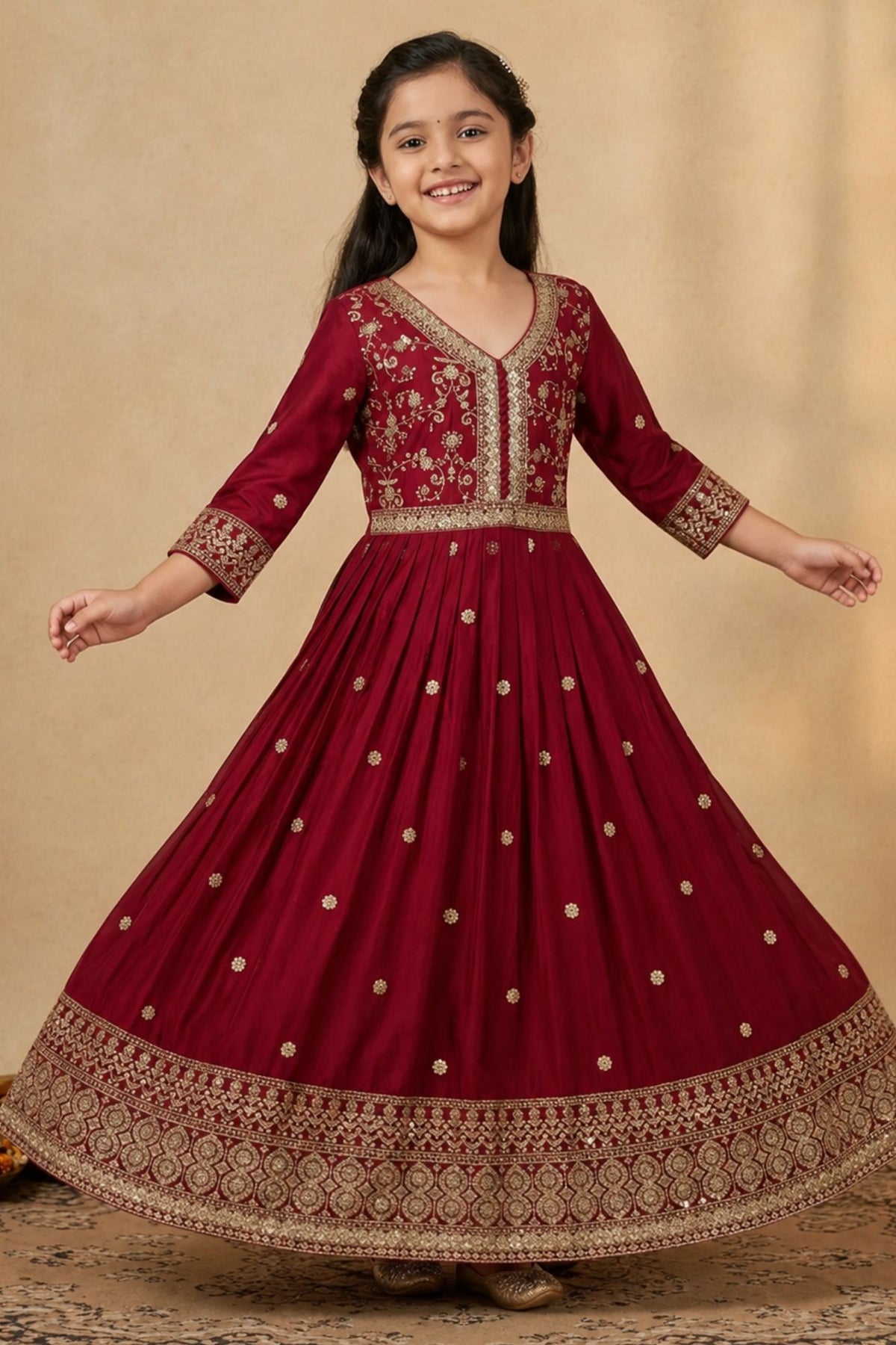 Maroon Sequins Work And Zari Embroidered Ethnic Gown For Girls