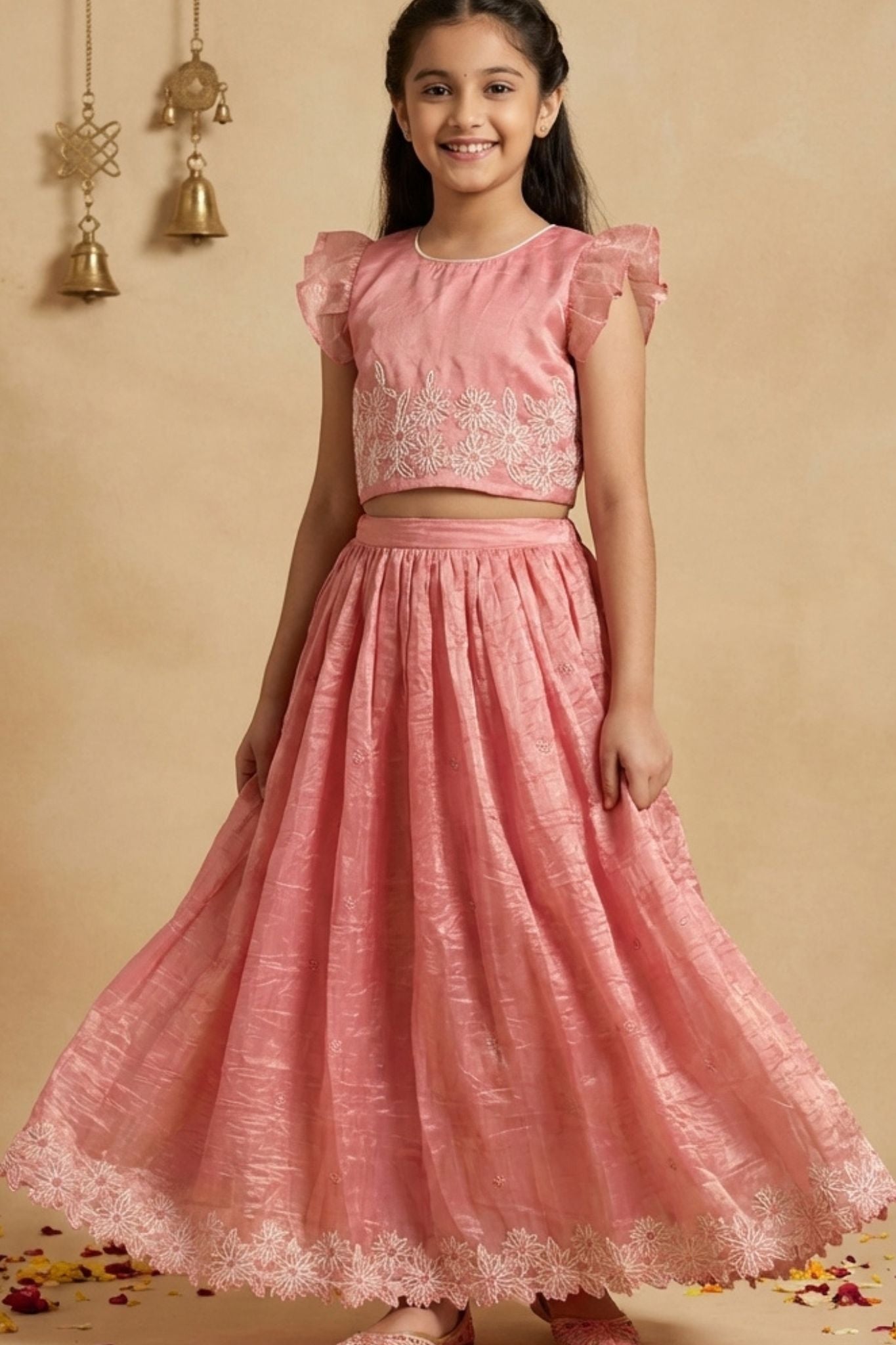 Blush Pink Shimmer Embroidered Lehenga Choli Set For Girls