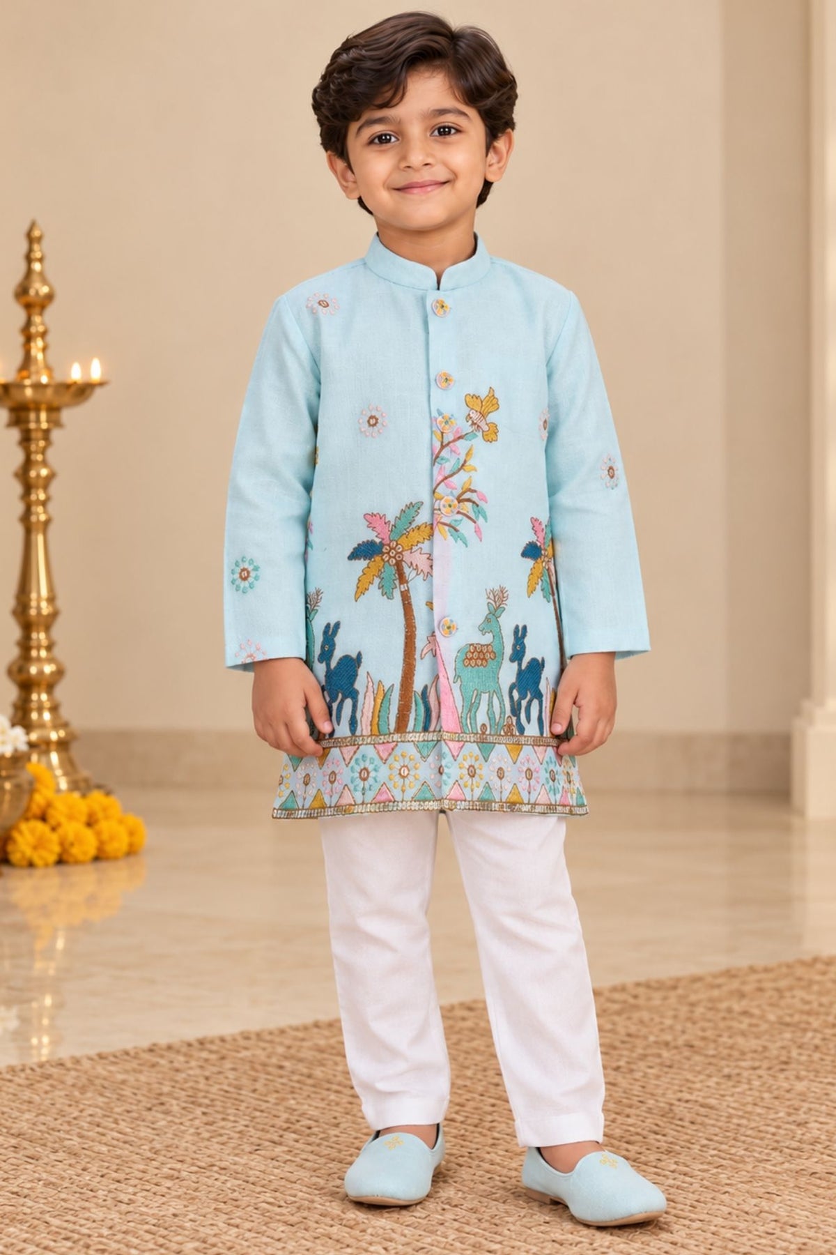 Boys Light Blue Embroidered Kurta Pant Set