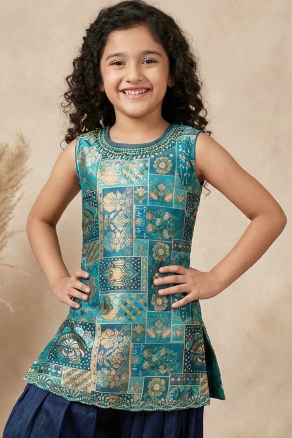 Teal Blue Brocade Kurta With Patiala Bottom For Girls