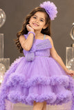 Lavender Layered Ruffle Party Frock With Tailback For Girls