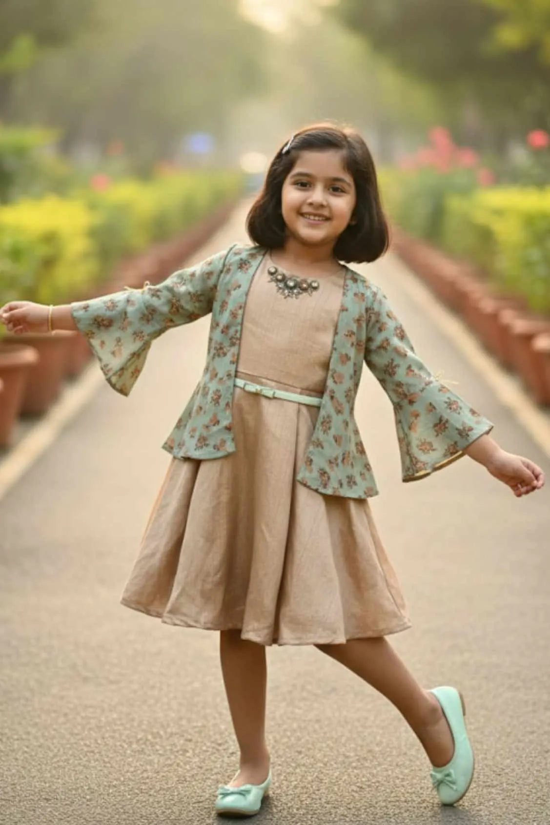 Fawn Dress With Printed Jacket For Girls