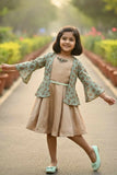 Fawn Dress With Printed Jacket For Girls