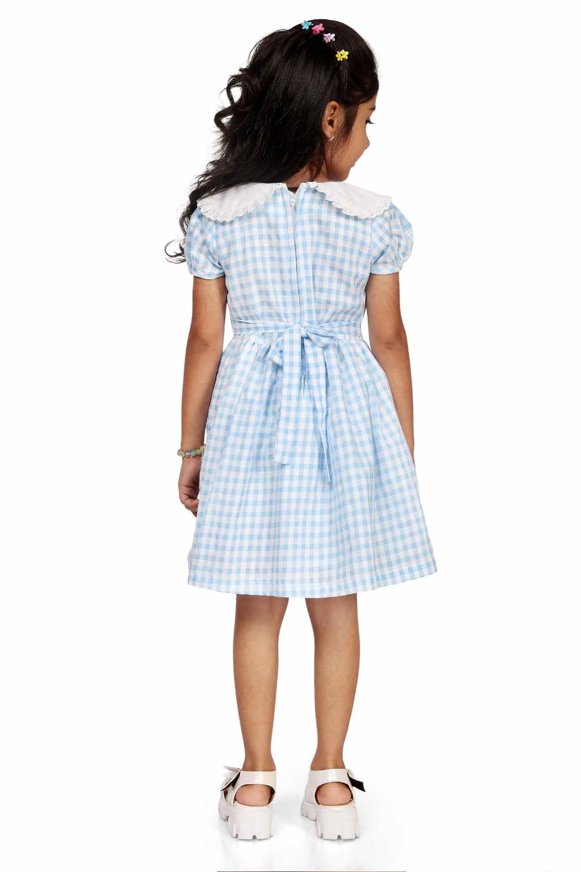 Blue Checked And Embroidery Frock For Girls