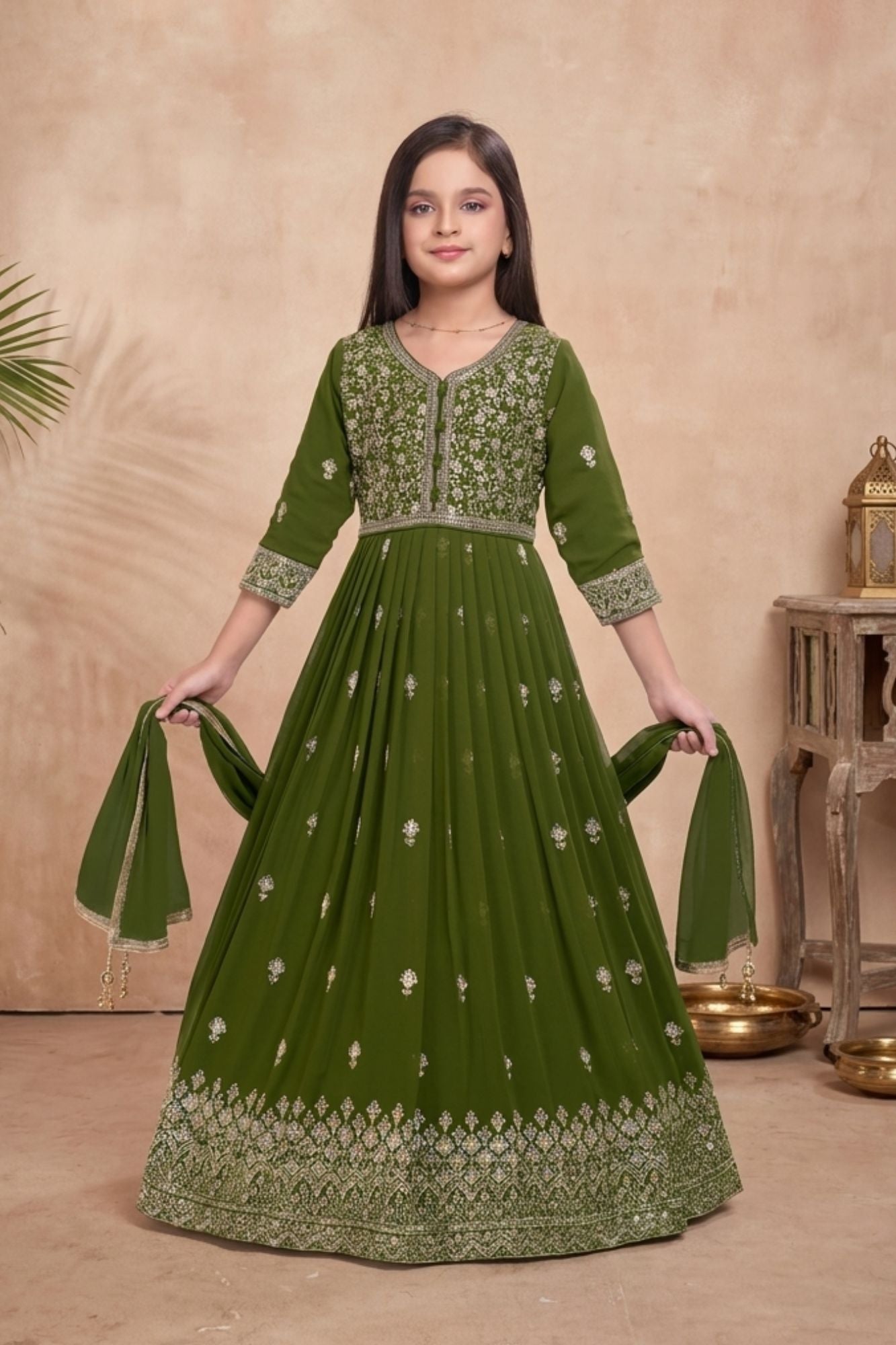Girls Olive Green Silk Blend Ethnic Gown With Embroidered Neckline And Dupatta