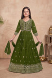 Girls Olive Green Silk Blend Ethnic Gown With Embroidered Neckline And Dupatta