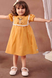 Yellow Casual Embroidered With Lace Around The Yoke Frock For Girls