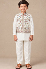 Boys Ivory Floral Embroidered Kurta Set With Jacket