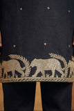 Boys Black Kurta Pajama Set With Golden Zari Embroidery And Shawl