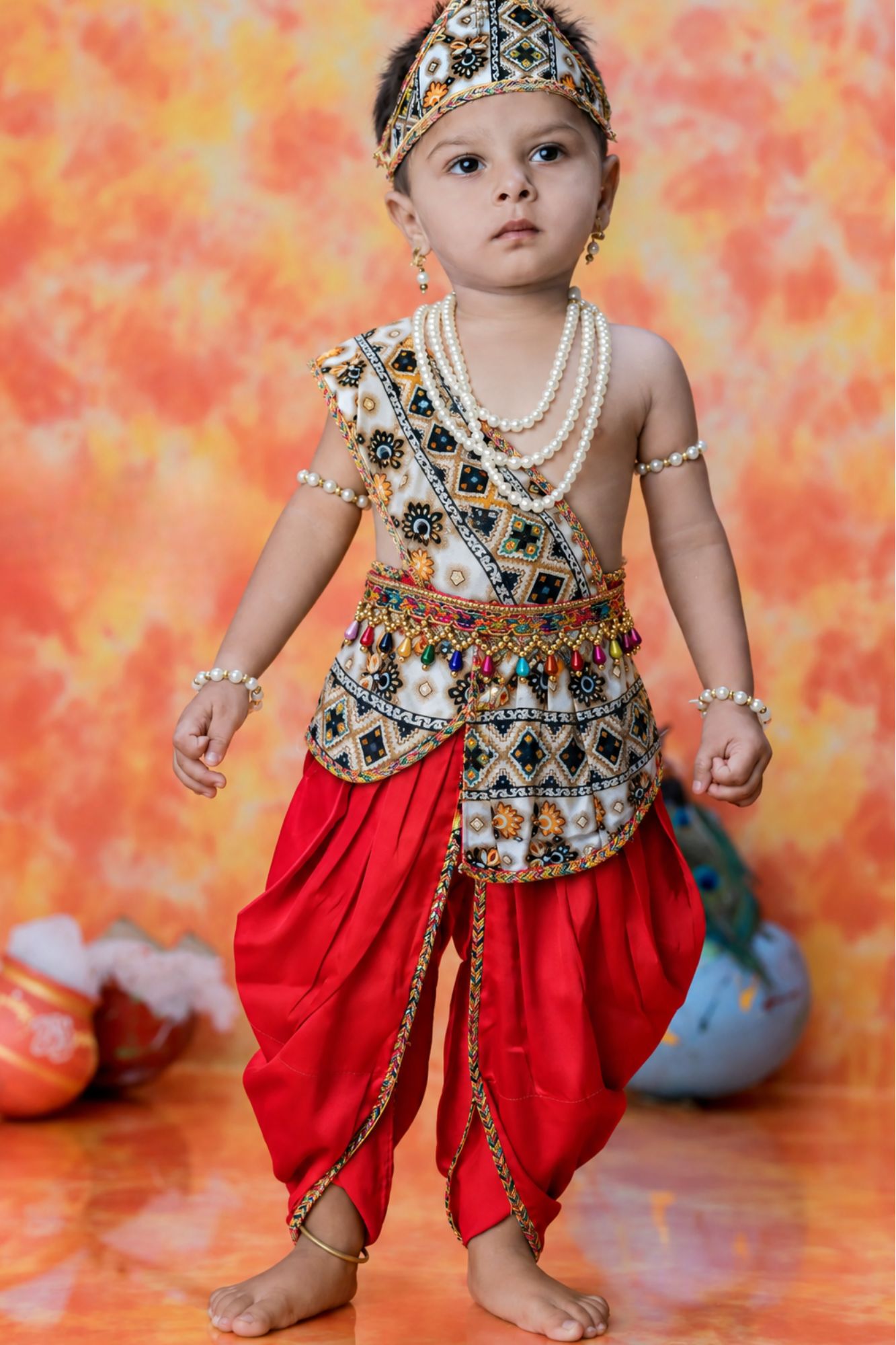 Boys Red Geometric And Floral Printed Krishna Dhoti Set with Accessories