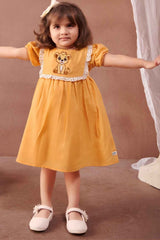 Yellow Casual Embroidered With Lace Around The Yoke Frock For Girls