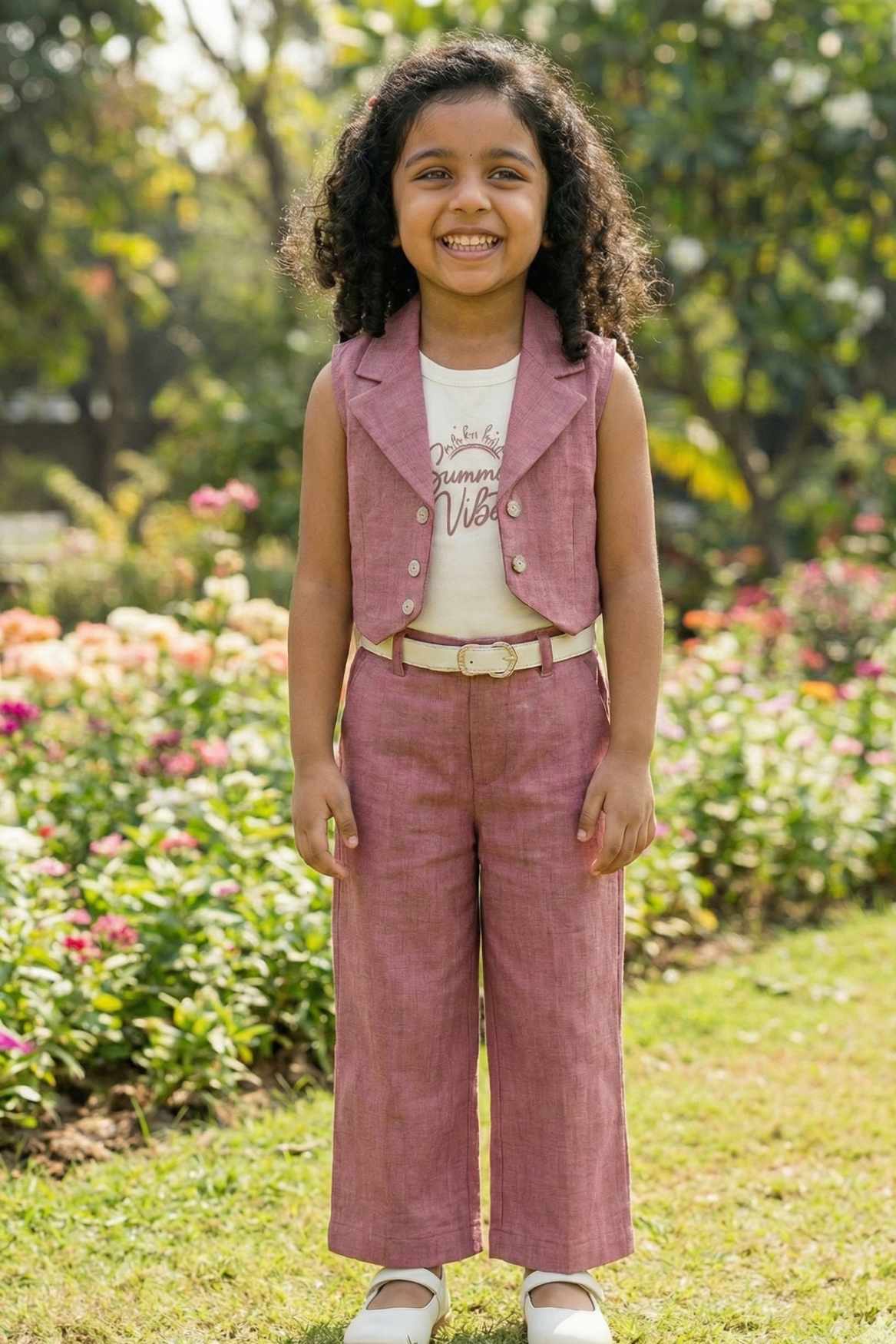 Pink Co-ord Set with Waistcoat And Belted Pants For Girls