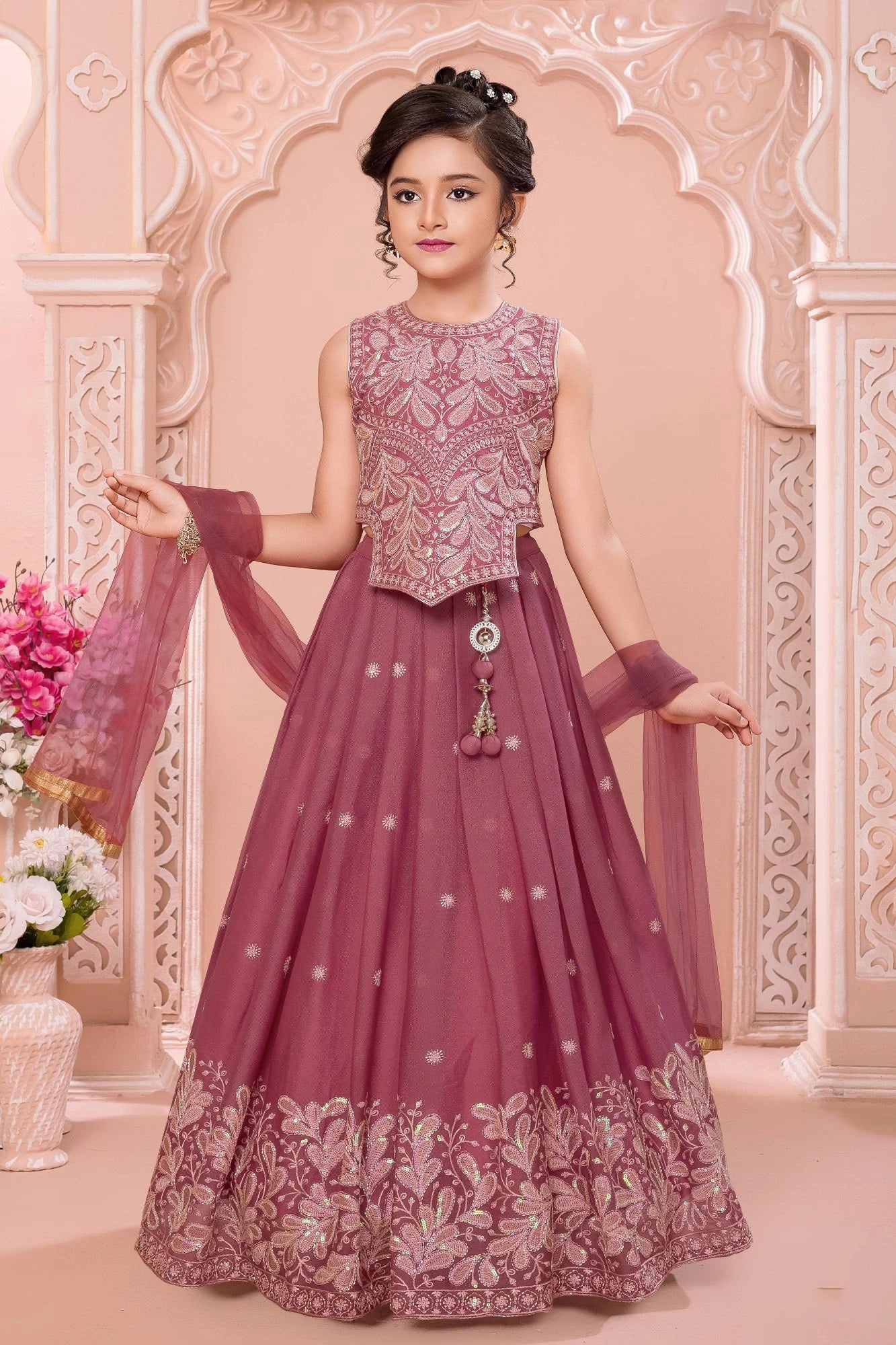Mauve Ethnic Embroidered Lehenga Choli Set  For Girls