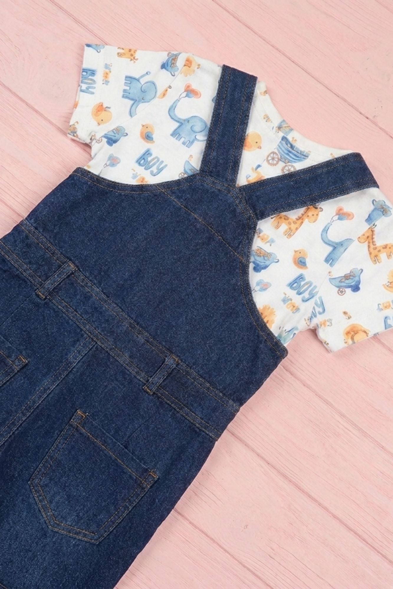 Girls Blue Denim Dungaree  Set with Printed Tee