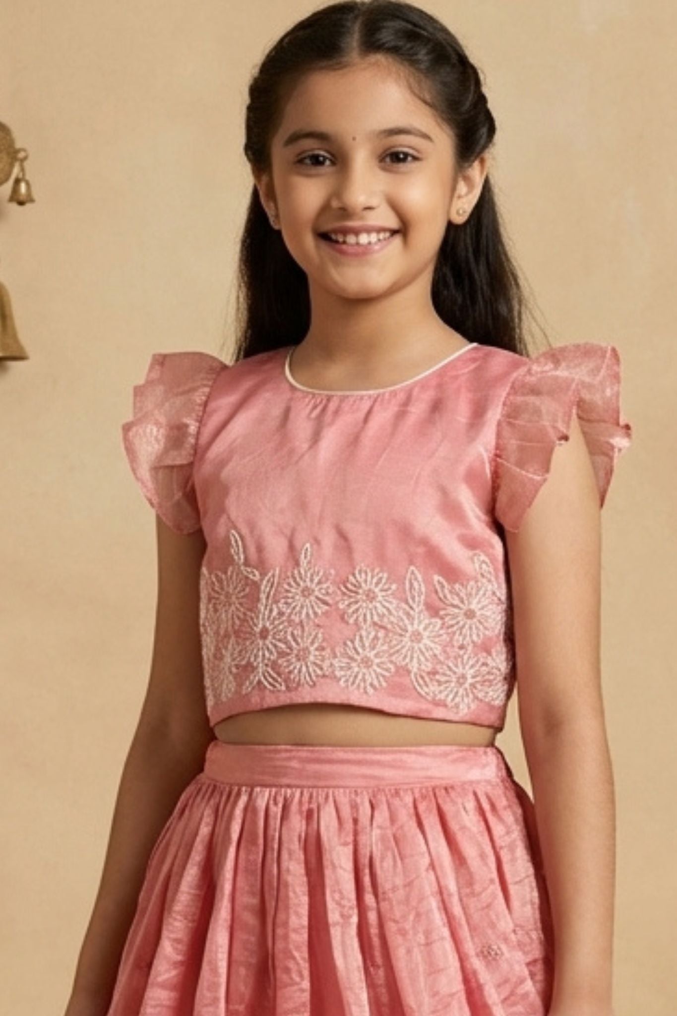 Blush Pink Shimmer Embroidered Lehenga Choli Set For Girls