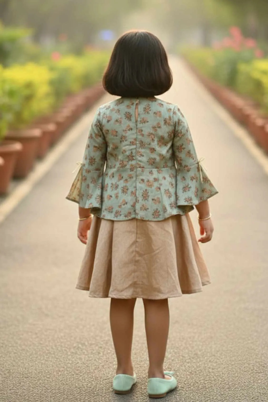 Fawn Dress With Printed Jacket For Girls