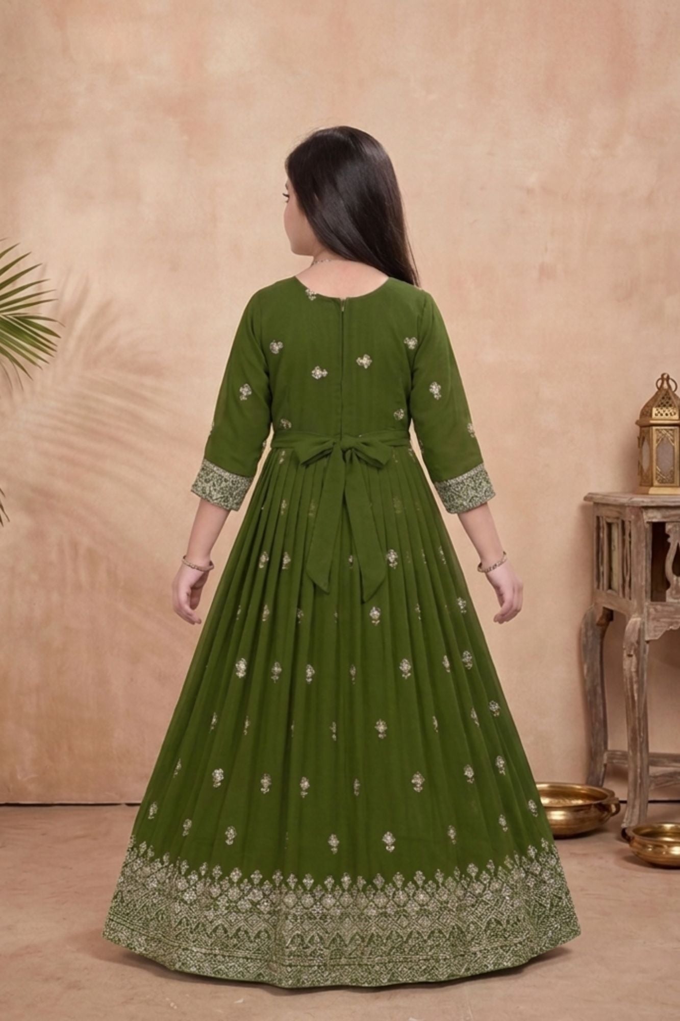 Girls Olive Green Silk Blend Ethnic Gown With Embroidered Neckline And Dupatta