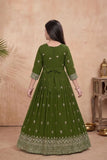 Girls Olive Green Silk Blend Ethnic Gown With Embroidered Neckline And Dupatta