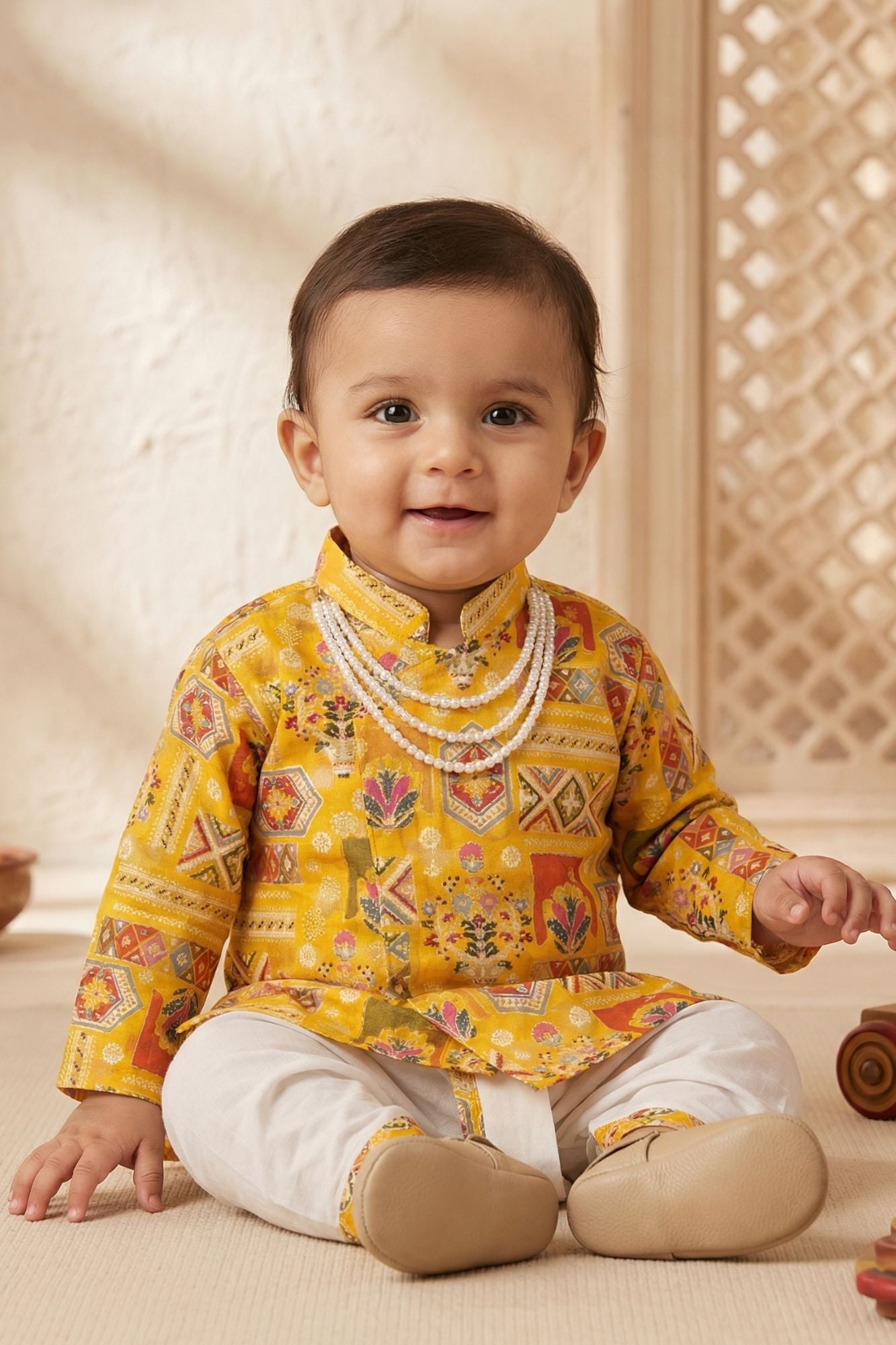 Boys Yellow Printed Cotton Dhoti Set With Mandarin Collar Kurta