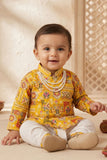 Boys Yellow Printed Cotton Dhoti Set With Mandarin Collar Kurta