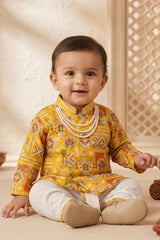 Boys Yellow Printed Cotton Dhoti Set With Mandarin Collar Kurta