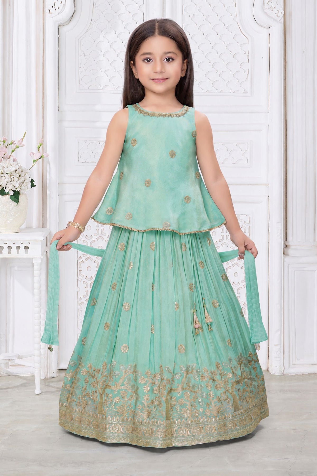 Girls Elegant Aqua Green With Gold Embroidered Lehenga Choli Set