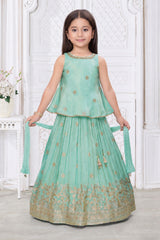 Girls Elegant Aqua Green With Gold Embroidered Lehenga Choli Set
