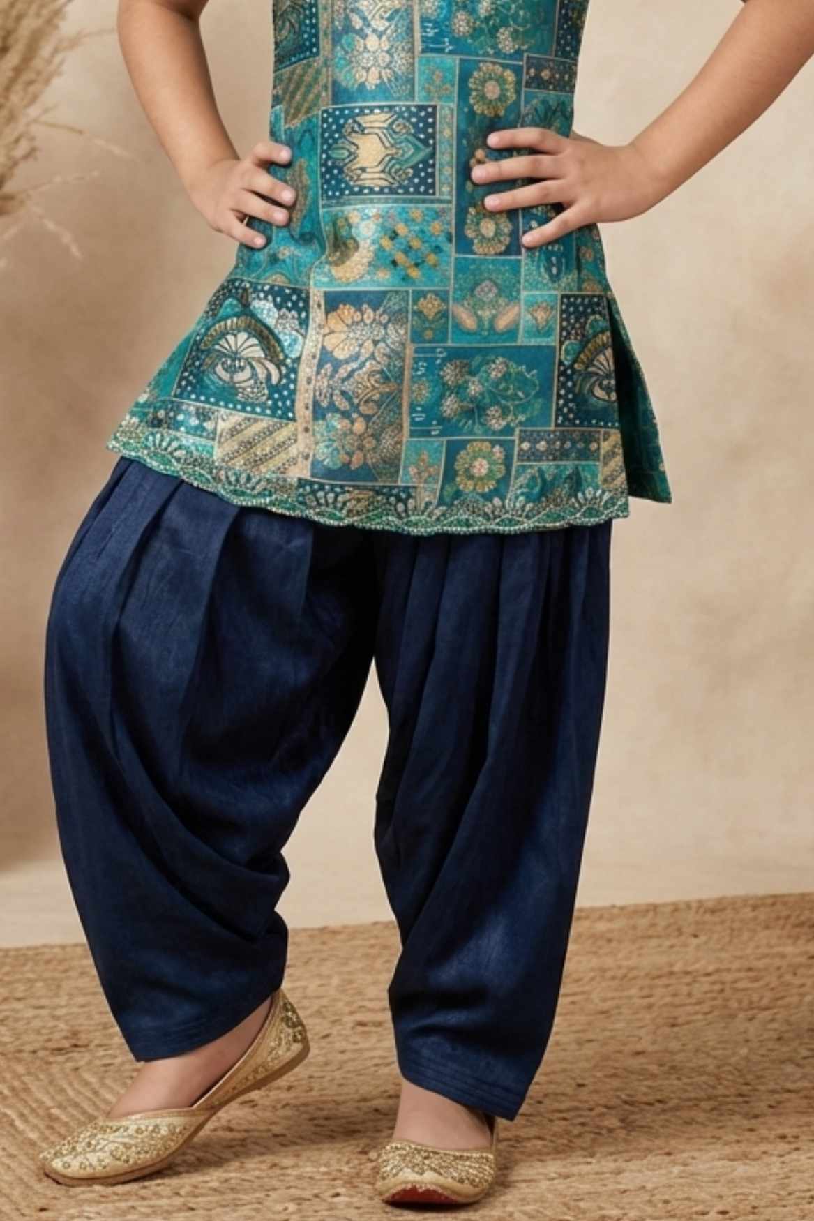 Teal Blue Brocade Kurta With Patiala Bottom For Girls