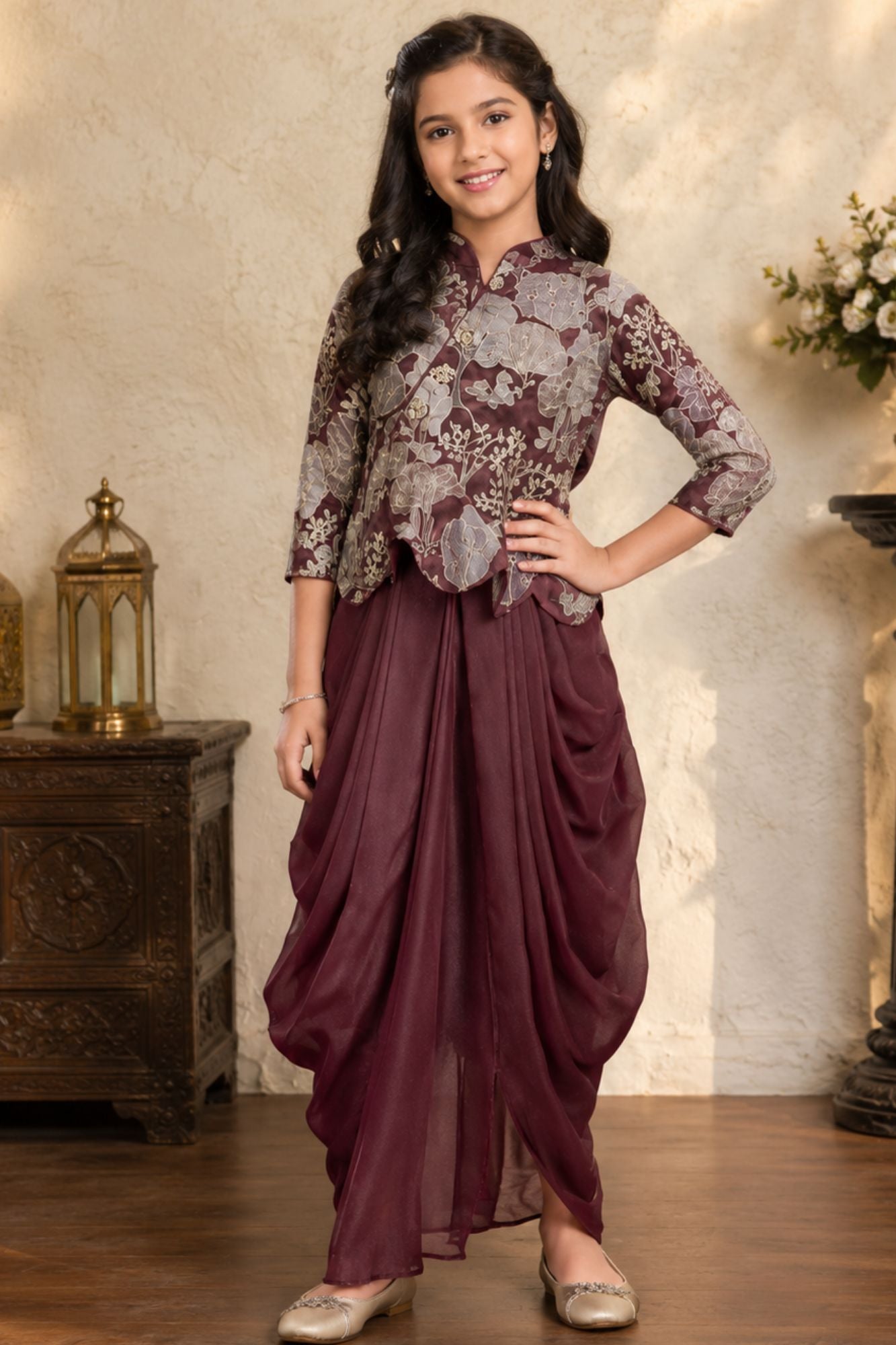 Girls Wine Floral Embroidered Top With Dhoti Skirt Set