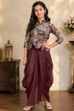 Girls Wine Floral Embroidered Top With Dhoti Skirt Set