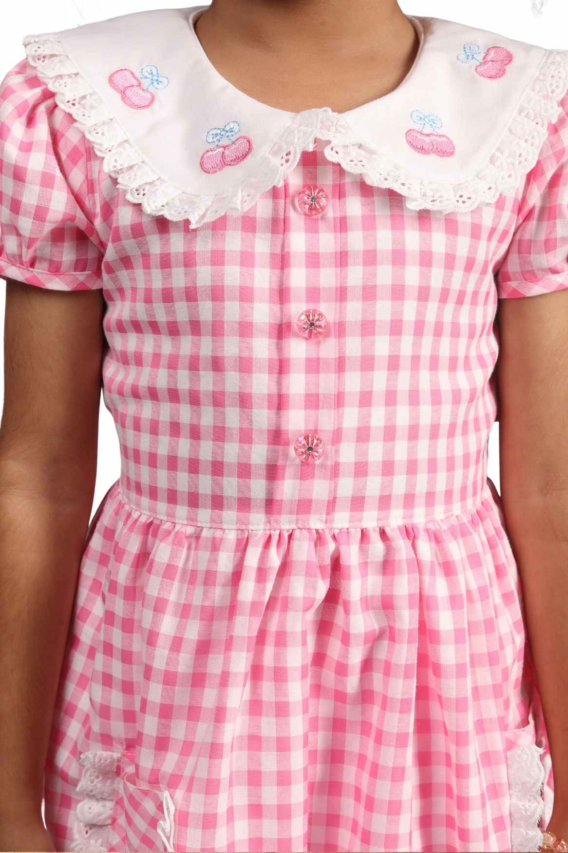 Pink Checked And Embroidery Frock For Girls