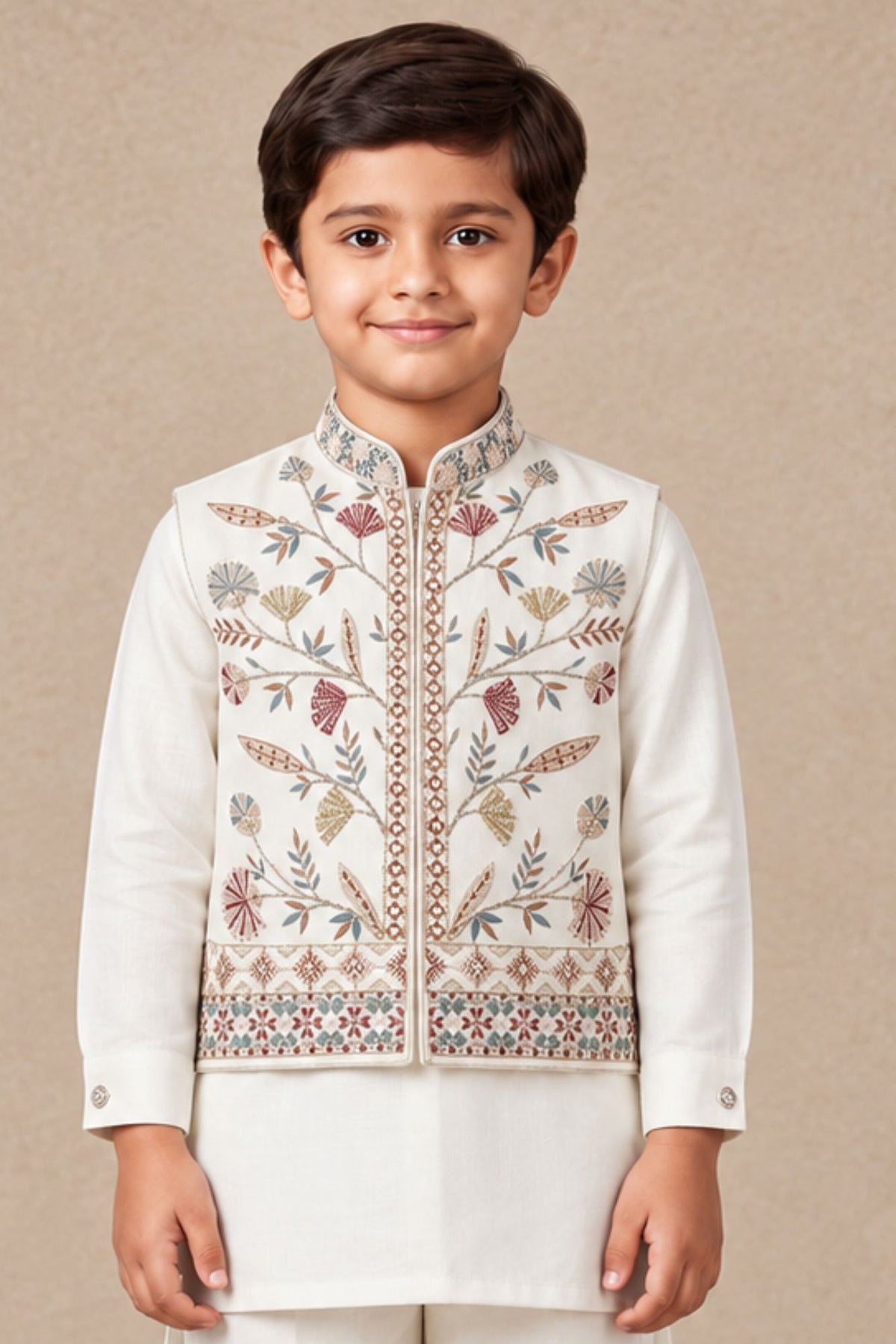 Boys Ivory Floral Embroidered Kurta Set With Jacket