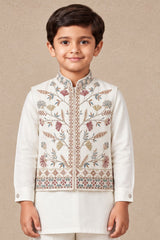Boys Ivory Floral Embroidered Kurta Set With Jacket