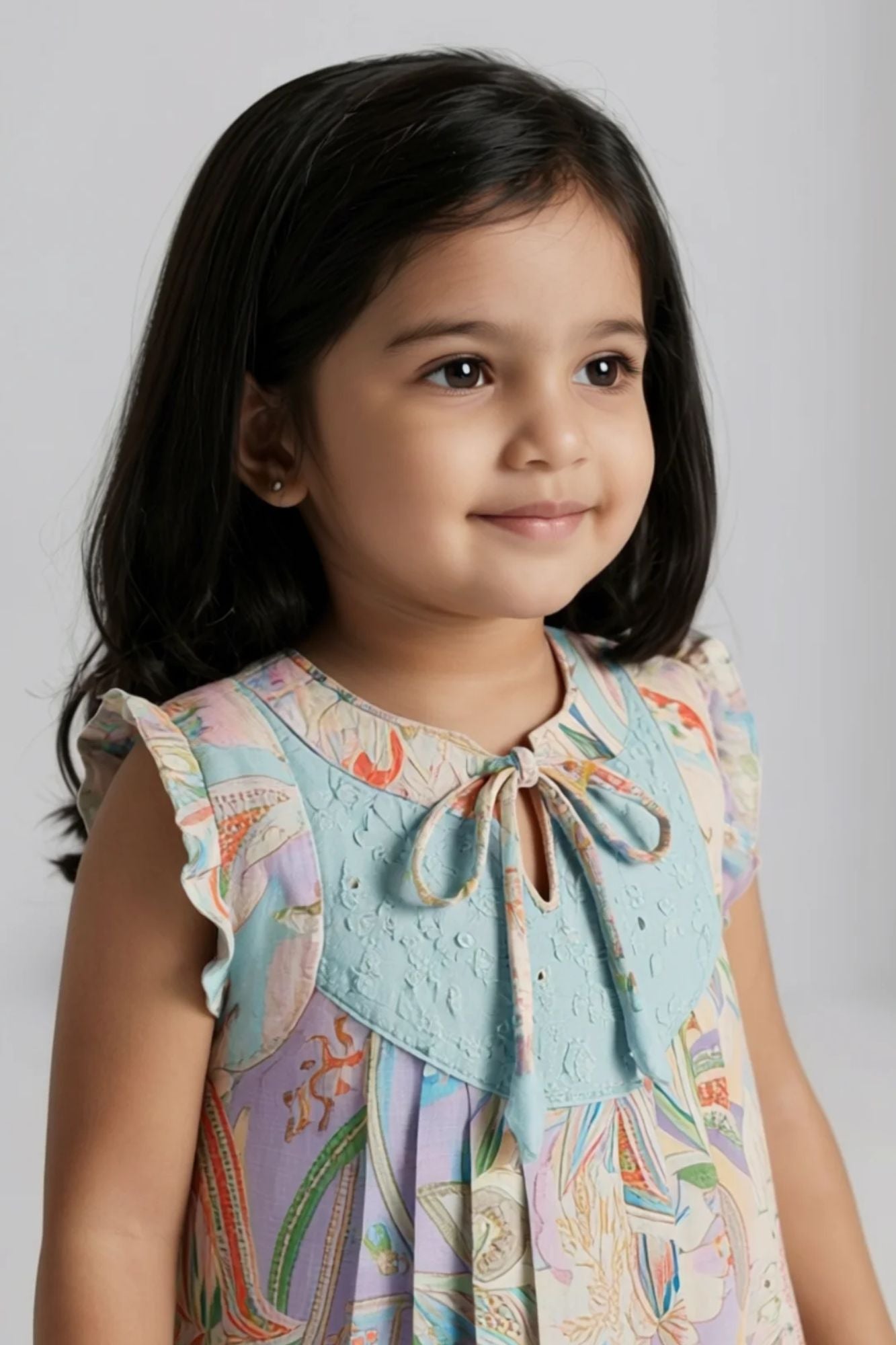 Girls Blue Dress with Multicolor Print And Embroidery Yoke