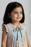Girls Blue Dress with Multicolor Print And Embroidery Yoke