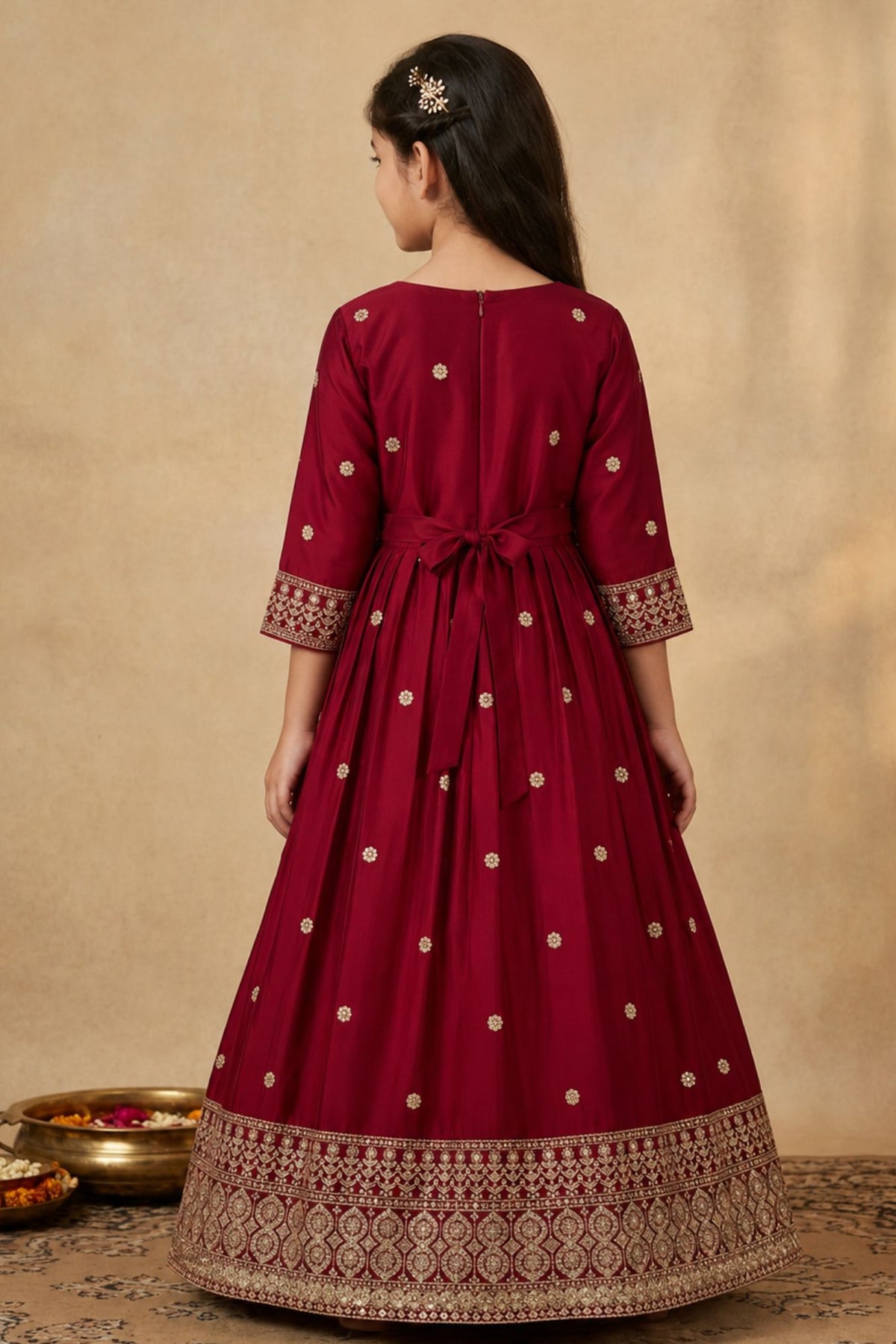 Maroon Sequins Work And Zari Embroidered Ethnic Gown For Girls