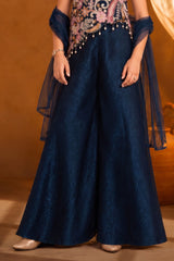 Girls Dark Blue Embroidered Asymmetric Top with Flared Palazzo And Dupatta Set