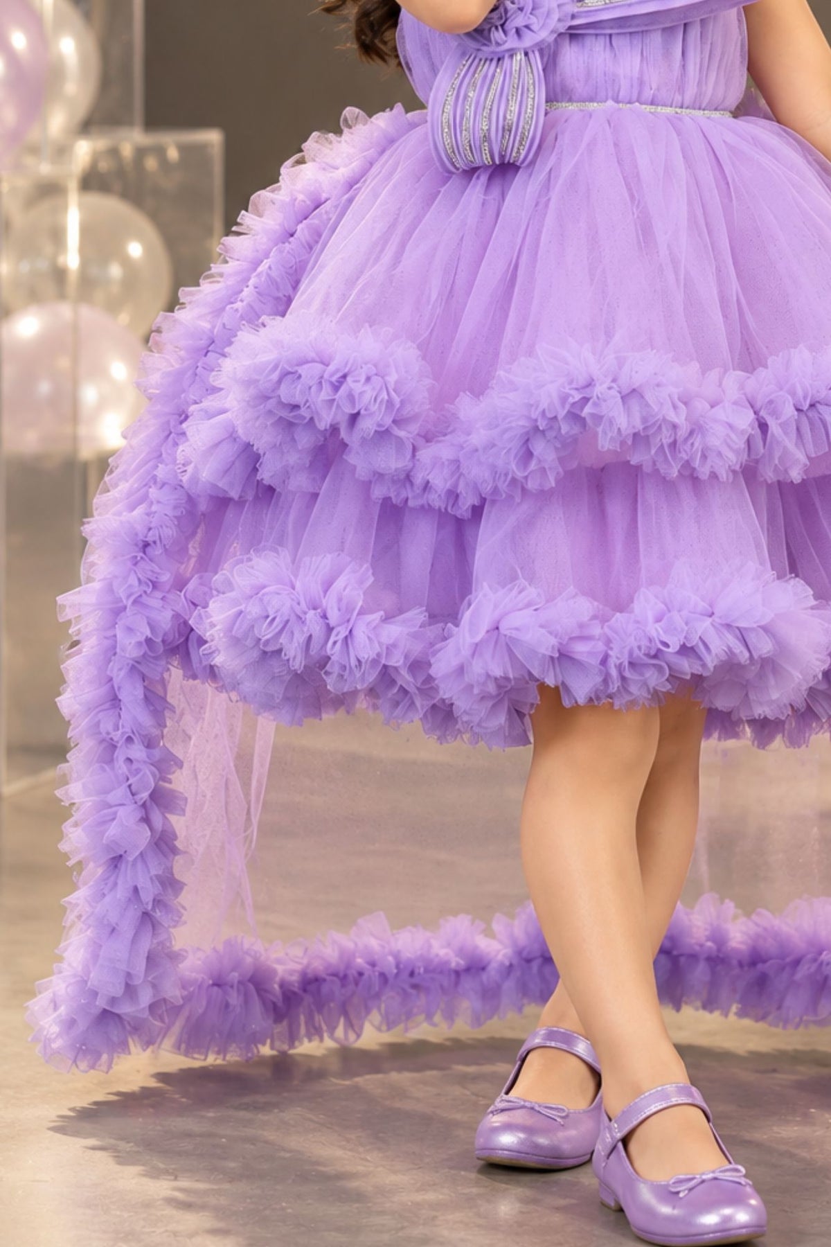 Lavender Layered Ruffle Party Frock With Tailback For Girls