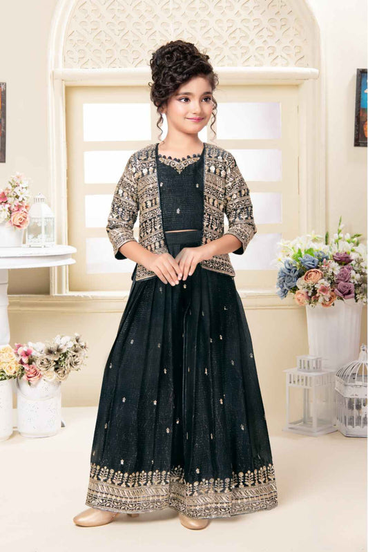 Black Embroidered And Sequined Palazzo Set With Overcoat For Girls