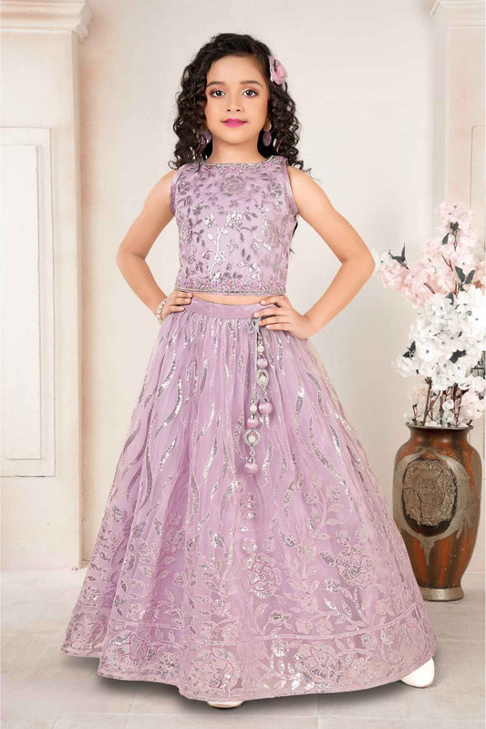 Pink Sequins Embroidered Lehenga Choli Set For Girls