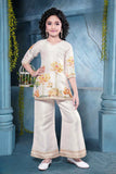 Beige Floral Printed and Sequins Work Palazzo Set For Girls