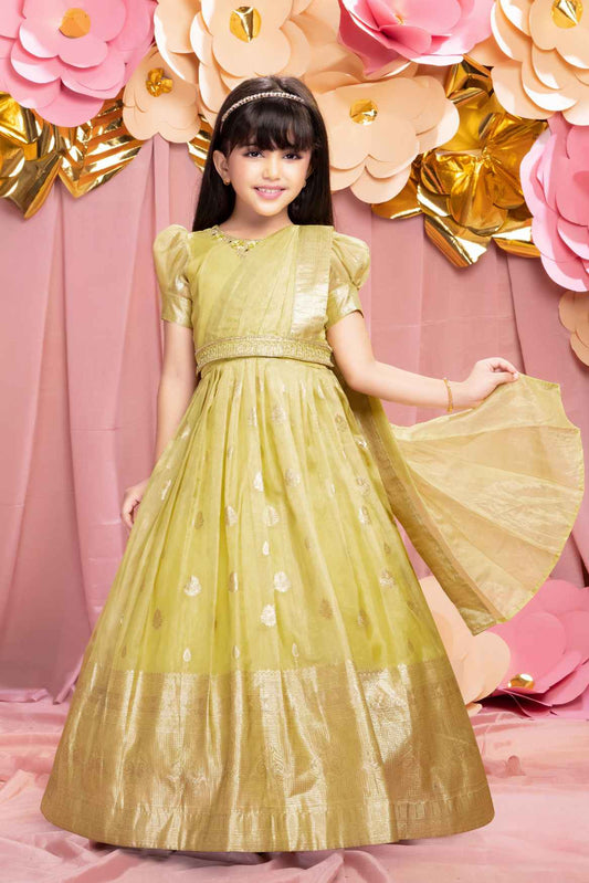 Ethnic Lemon Yellow Brocade Gown With Sequin Embroidery For Girls