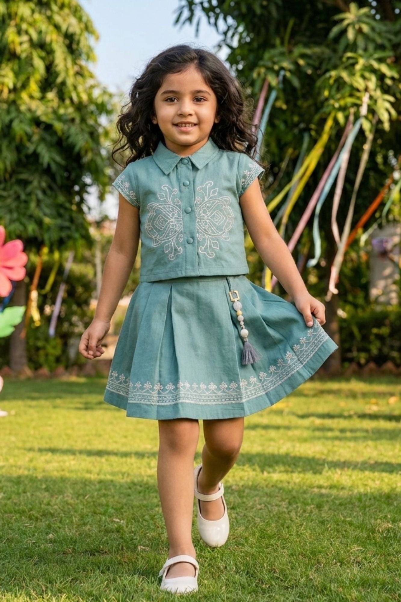 Girls Green Embroidered Shirt Top and Pleated Skirt Co-Ord Set