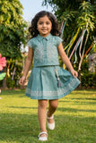 Girls Green Embroidered Shirt Top and Pleated Skirt Co-Ord Set