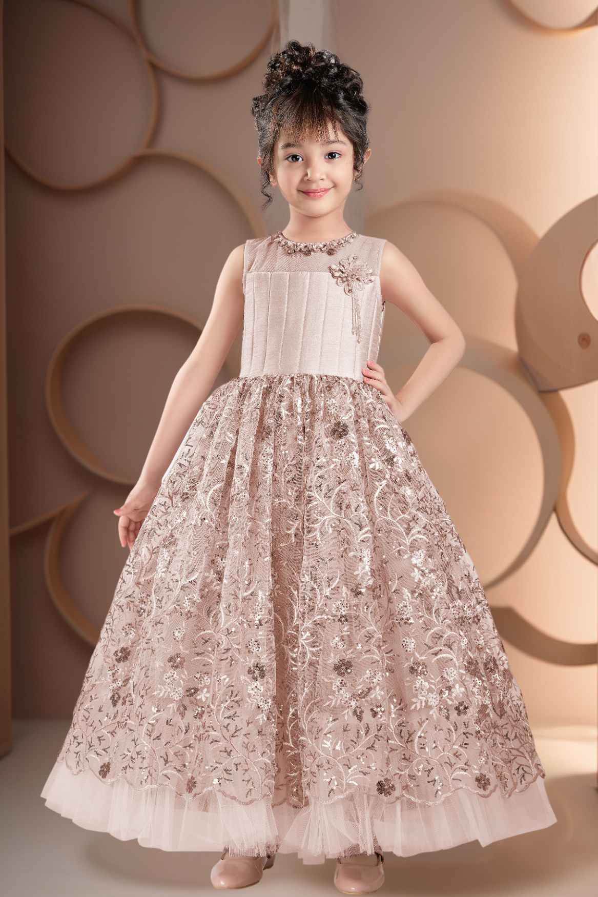 Designer Fawn Sequin Embellished Net Party Gown For Girls